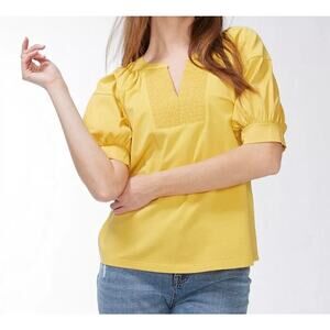 Chico’s Boho Puff Smocked Short Sleeves Blouse Sz 1 US M Mustard V Neck‎ Shirt